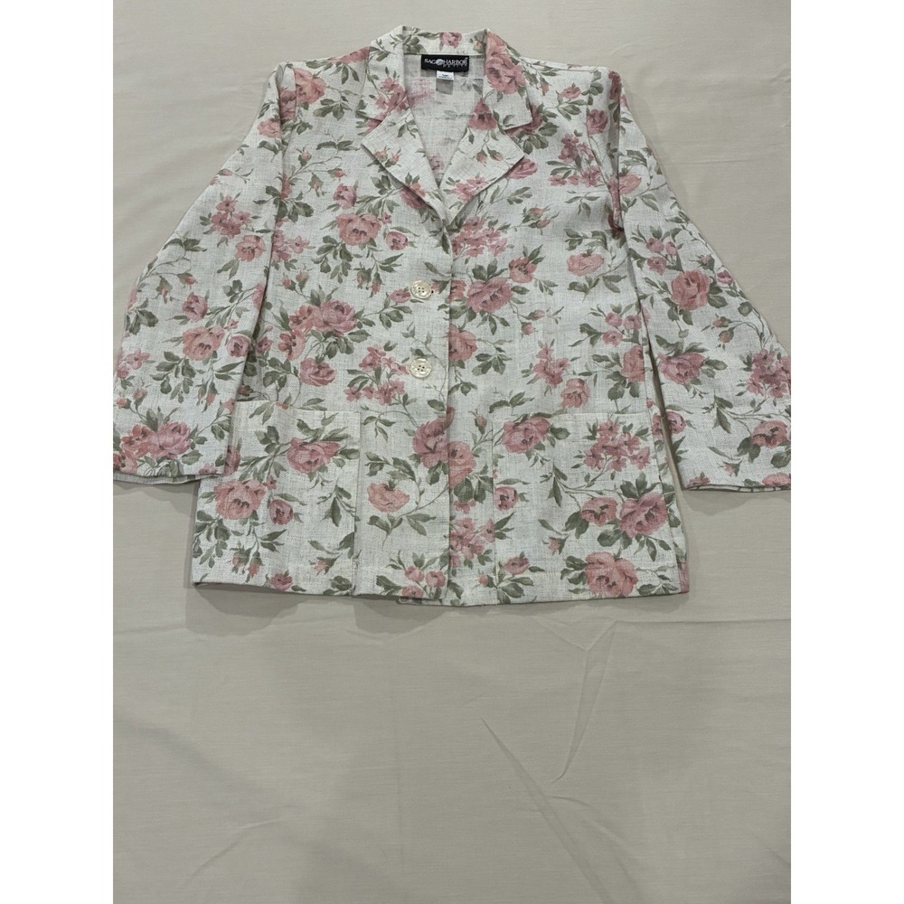 Sag Harbor Petite Floral Linen Blend Light Blazer Jacket Size 4P Cream Pink
